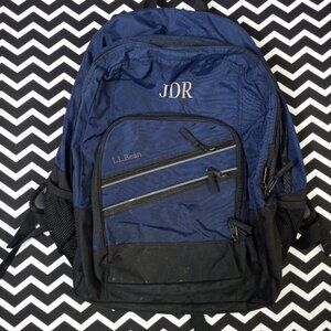 LL BEAN monogram navy super deluxe bag backpack bookbag travel laptop hiking